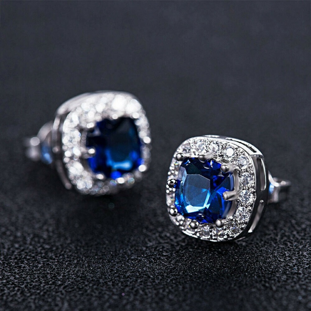 Silver And Blue Sapphire Stud Earrings - Picture 2 of 3